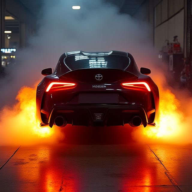 Toyota Supra GR aggressively spitting flames from its exhaust during a high-rev dyno run, showcasing raw power.